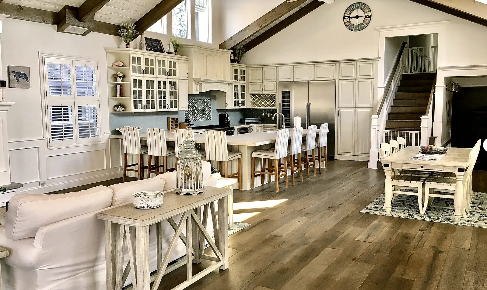 Great room and kitchen with vaulted ceiling